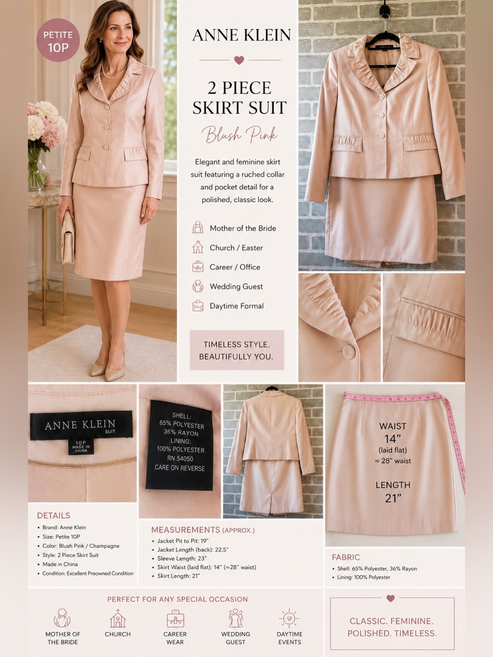 Anne Klein 10P Blush Pink Skirt Suit 2 Piece Occasion Mother of Bride Career Set